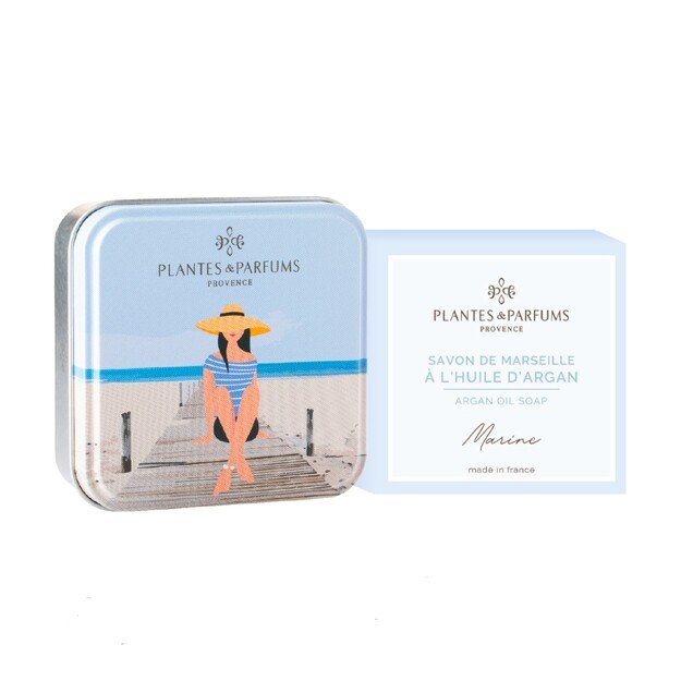 PLANTES&PARFUMS Marselio muilas su argano aliejumi metalinėje dėžutėje ''Marine'', 100 g